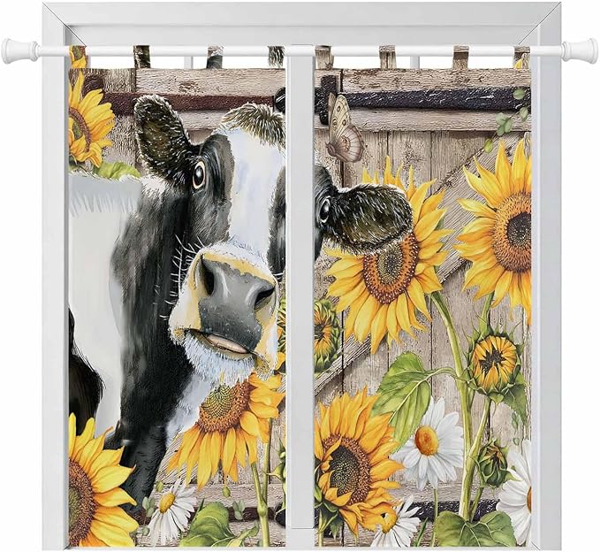 Retro Farmhouse Flower Bedroom Curtains 72 Inch Length, Window Curtains Tab Top, Yellow Sunflowers Cow Barn Doors Brown Light Filtering Window Treatments Drapes 52"x72" 2 Panel