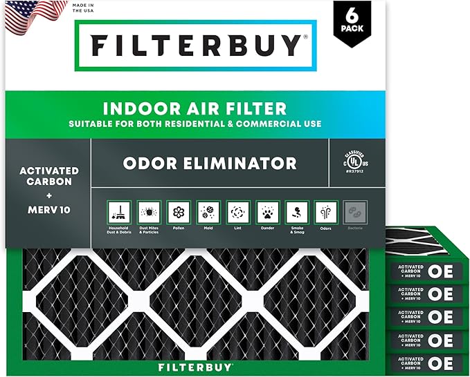 Filterbuy 20x20x1 Air Filter MERV 10 Odor & Allergy Defense with Activated Carbon (6-Pack), Electrostatic Pleated HVAC AC Furnace Filters Replacement, Made in USA (Actual Size: 19.50 x 19.50 x 0.75)