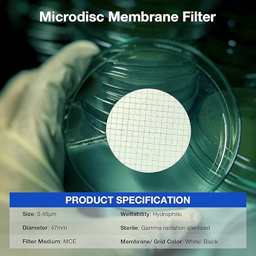 SimPure MCE Gridded Membrane Filter Sterile, 47mm Diameter and 0.45um Pore Size, Individual Pack Membrane Disc Filter, Hydrophilic Filter Paper, Pack of 100