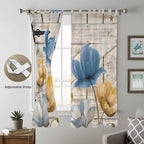 Blue Yellow Tulips Living Room Curtains 84 Inch Length, Window Curtains Tab Top, Retro Farmhouse Flower Barn Doors Wooden Light Filtering Window Treatments Drapes 52"x84" 2 Panel