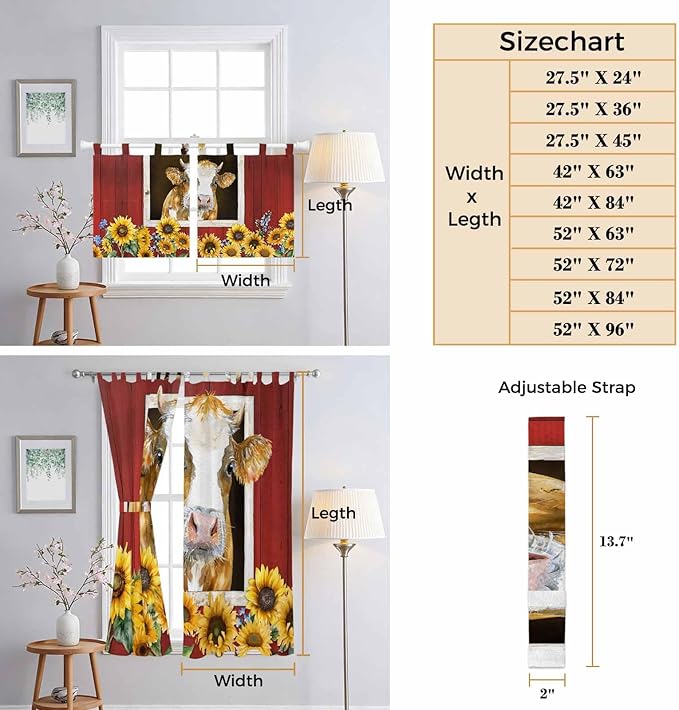 Cows Sunflowers Bedroom Curtains 72 Inch Length, Window Curtains Tab Top, Spring Floral Bees Farmhouse Barn Light Filtering Window Treatments Drapes 52"x72" 2 Panel