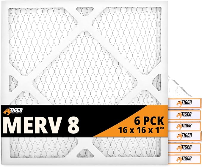 Tiger Tough 16x16x1 Air Filter MERV 8 MPR 600-800, High-Performance Pleated HVAC AC Furnace Filter Replacement for Home, 6-Pack