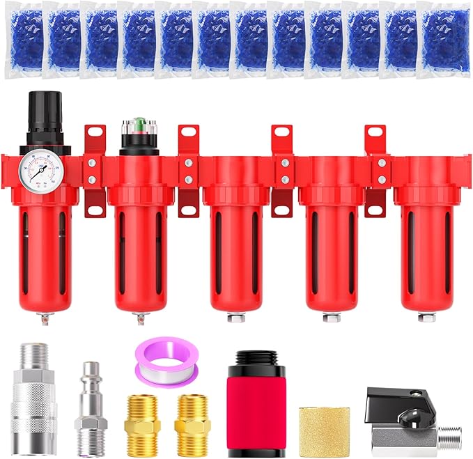 1/2" NPT Industrial Grade 5 Stage Aluminum Air Drying System, Coalescing Filter, Particulate Filter, Triple Desiccant Dryer and Air Regulator, Manual Drain For Plasma Cutter and Paint Spray