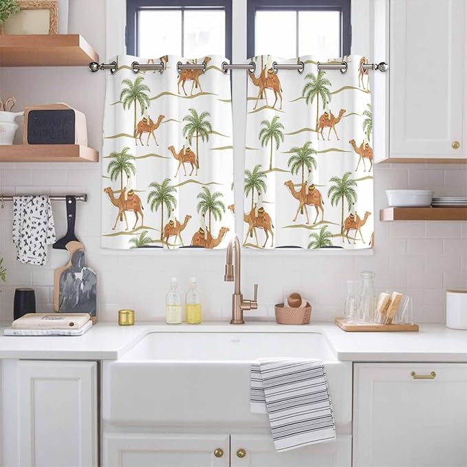 2 Panel Kitchen Cafe Curtains, Desert Camels Sunlight Filtering Nature Air Through, Home Decor Window Covering Tier Curtains for Bedroom Living Room Tropical Date Palm Trees Animal