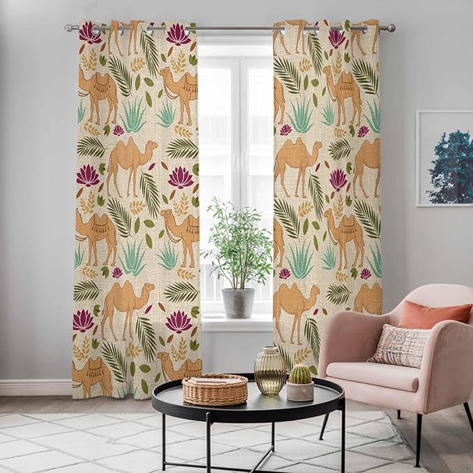 2 Panel Kitchen Cafe Curtains, Desert Camels Sunlight Filtering Nature Air Through, Home Decor Window Covering Tier Curtains for Living Room 80W x 84L inch Vintage Sand Animals Aloe Vera Leaves Beige