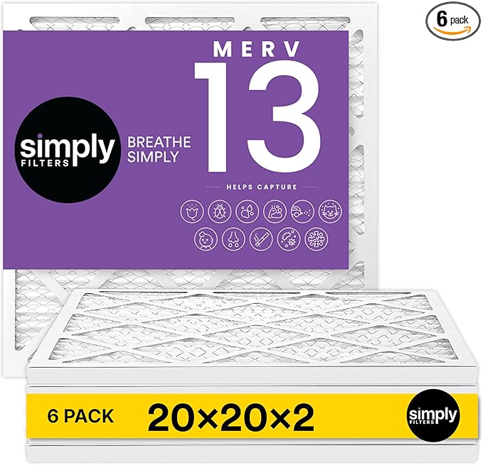Simply 20x20x2 Air Filter, MERV 13, 6 Pack, Furnace Air Filter for HVAC (Actual Size: 19.5"x19.5"x0.75") DUST, Pet & Allergy Control