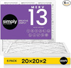 Simply 20x20x2 Air Filter, MERV 13, 6 Pack, Furnace Air Filter for HVAC (Actual Size: 19.5"x19.5"x0.75") DUST, Pet & Allergy Control