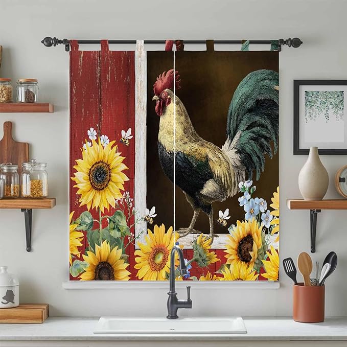 Chicken Sunflowers Bathroom Curtains 63 Inch Length, Window Curtains Tab Top, Farmhouse Animals Red Barn Bees Light Filtering Window Treatments Drapes 52"x63" 2 Panel