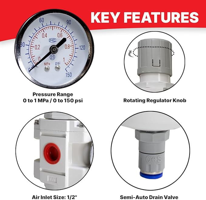 Heavy Duty 1/2" NPT 3 Stage Air Drying System – Industrial Coalescing Filter, Particulate Filter, Desiccant Dryer and Air Regulator with Manual Drain for Air Compressor, Plasma Cutter, and Paint Spray