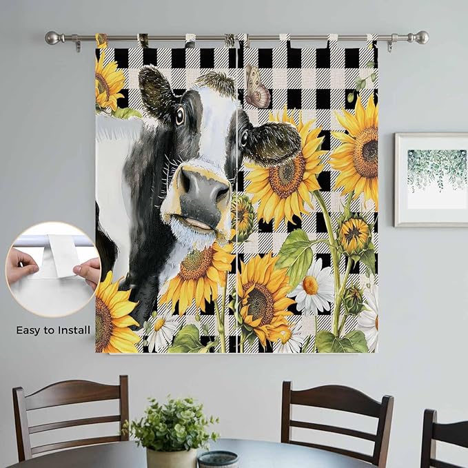 Retro Sunflowers Bathroom Curtains 63 Inch Length, Window Curtains Tab Top, Farmhouse Floral Cow Butterfly Black Plaid Light Filtering Window Treatments Drapes 52"x63" 2 Panel