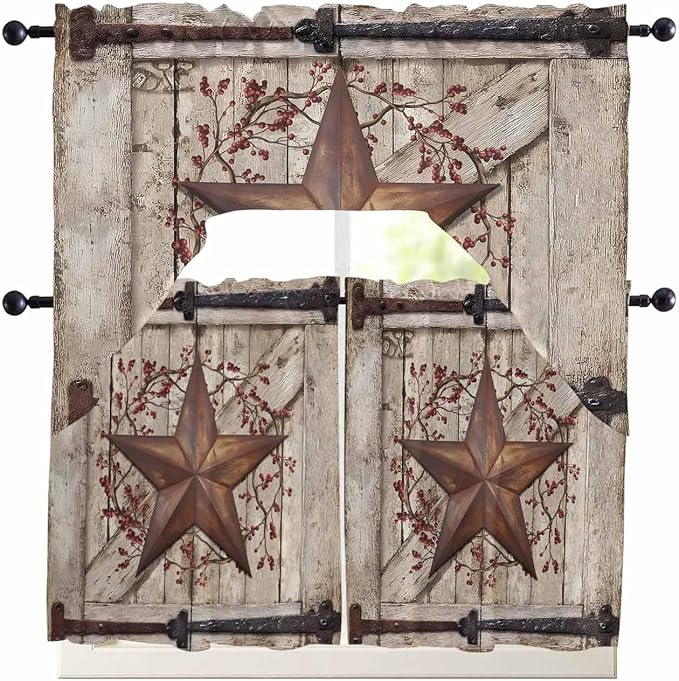 Country Star Swag Kitchen Curtains Valance and Tier Set, VintageRust Yellow Star Berry Beige Barn Gate Light-Filtering Swag Valance 24 Inch Length, Rod Pocket Short Curtain for Bedroom Cafe
