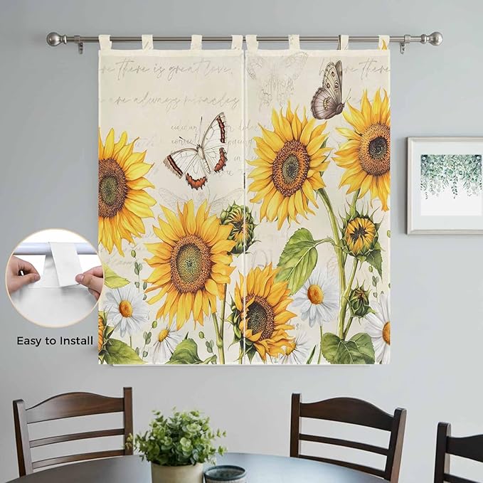 Farm Sunflowers Bathroom Curtains 63 Inch Length, Window Curtains Tab Top, Retro Flowers Butterfly Botanical Beige Light Filtering Window Treatments Drapes 52"x63" 2 Panel
