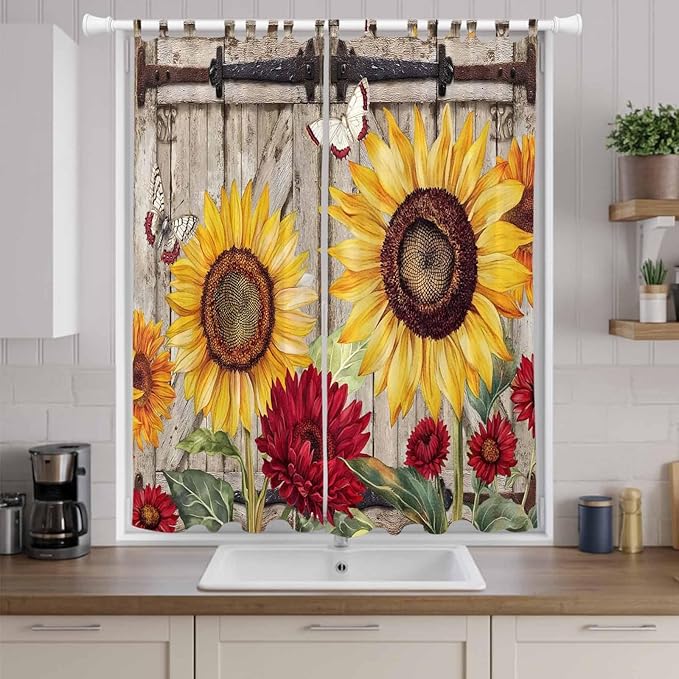 Sunflowers Living Room Curtains 96 Inch Length, Window Curtains Tab Top, Retro Flower Barn Doors Butterfly Farmhouse Brown Light Filtering Window Treatments Drapes 52"x96" 2 Panel