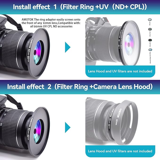 82mm Lens to 86mm Camera Lens Adapter,82mm to 86mm Filter Step up Ring Adapter Ring,Compatible All 86mm Filter Accessory