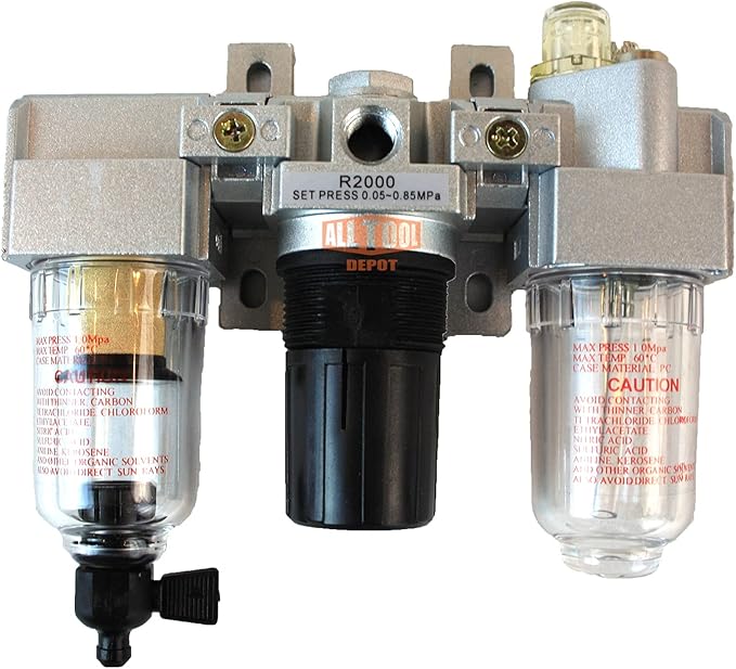 1/4" NPT Mini Compressed Air In Line Filter Regulator Lubricator Oiler Combo, Poly Bowl And Metal Body, 5 Micron Element, Adjustable From 7 to 140 PSI (MANUAL DRAIN)