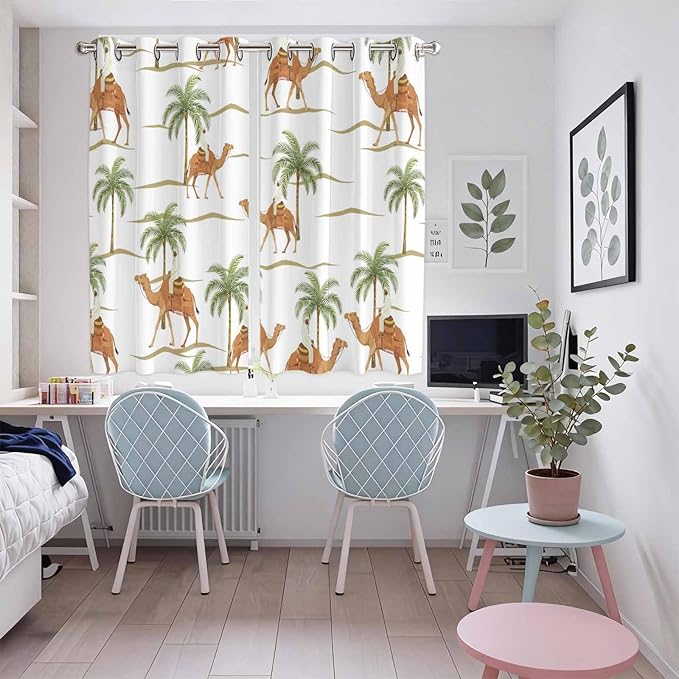 2 Panel Kitchen Cafe Curtains, Desert Camels Sunlight Filtering Nature Air Through, Home Decor Window Covering Tier Curtains for Bedroom Living Room 104W x 63L inch Tropical Date Palm Trees Animal