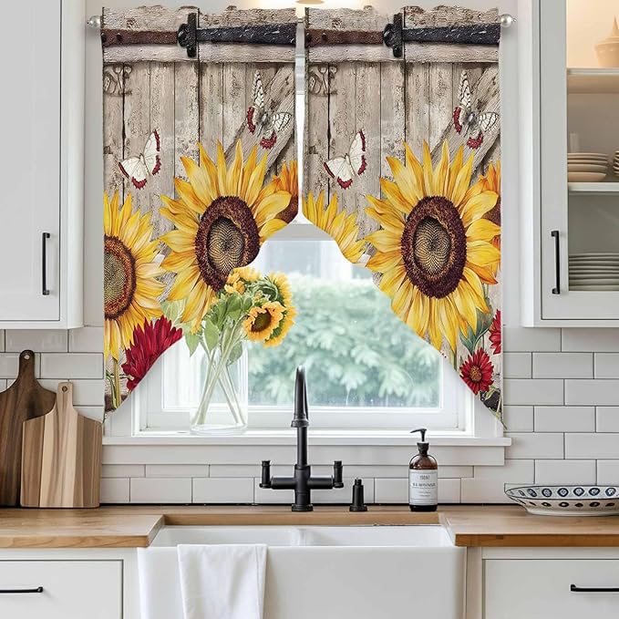 Sunflowers Swag Valances for Windows, Retro Flower Barn Doors Butterfly Farmhouse Brown Rod Pocket Kitchen Curtains Valance, Small Window Curtains Swag for Cafe Living Room, 2 Panels, 28x36 inch