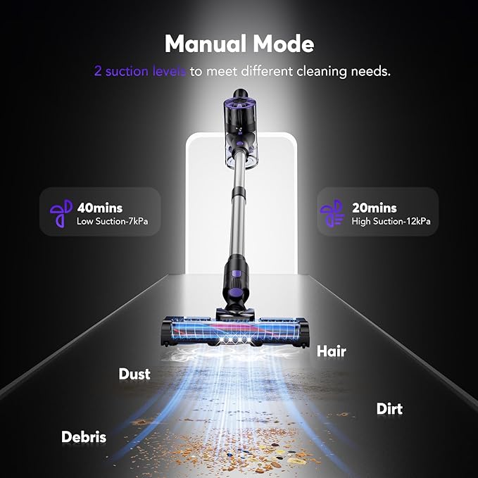 Cordless Vacuum Cleaner Rechargeable with 2600mAh Detachable Battery, Powerful Vacuums with 2 Adjustable Modes, Lightweight Portable Stick Vacuum for Home (Ink Purple)