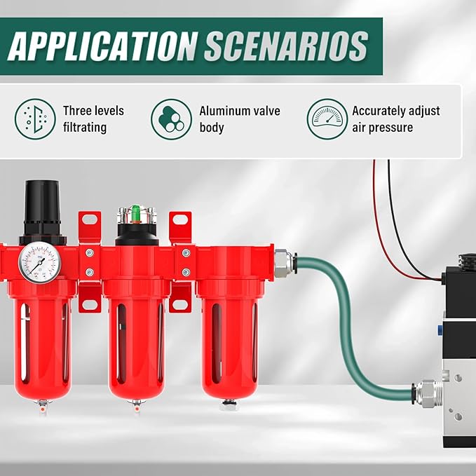 Industrial Grade Three-Stage Air Drying System, 0-150 PSI, 3/8 Inch NPT, Aluminum Alloy, with Particulate Filter, Coalescing Filter, Desiccant Dryer, and Air Regulator (Manual Drainage)