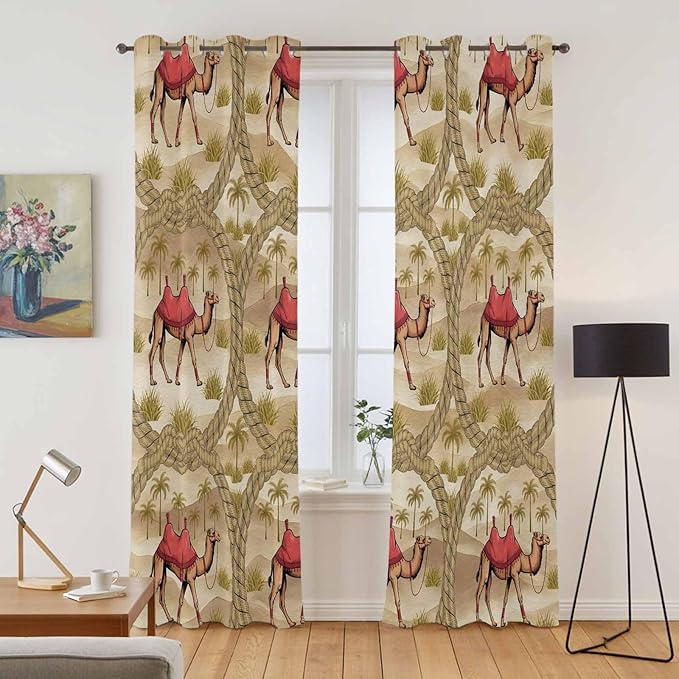 2 Panel Kitchen Cafe Curtains, Desert Camels Sunlight Filtering Nature Air Through, Home Decor Window Covering Tier Curtains for Living Room 80W x 84L inch Tropical Palm Trees Sand Cords Brown