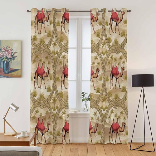 2 Panel Kitchen Cafe Curtains, Desert Camels Sunlight Filtering Nature Air Through, Home Decor Window Covering Tier Curtains for Living Room 80W x 84L inch Tropical Palm Trees Sand Cords Brown