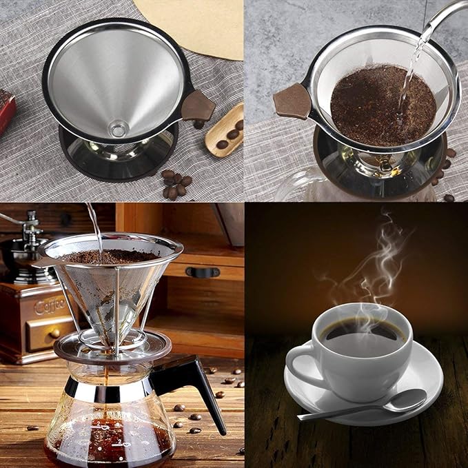 304 Stainless Steel Coffee Cone Filter, Double Layer Mesh Drip Dripper, Reusable Portable Coffee Filter Holder for Cups Mugs, Cup of Coffee with Rich Flavor and Aro