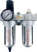 1/4" NPT Mid Flow Compressed Air In Line Filter Regulator Lubricator Oiler Combo Piggyback, Poly Bowl And Metal Body, 5 Micron Element, Adjustable From 7 to 145 PSI (AUTO DRAIN)