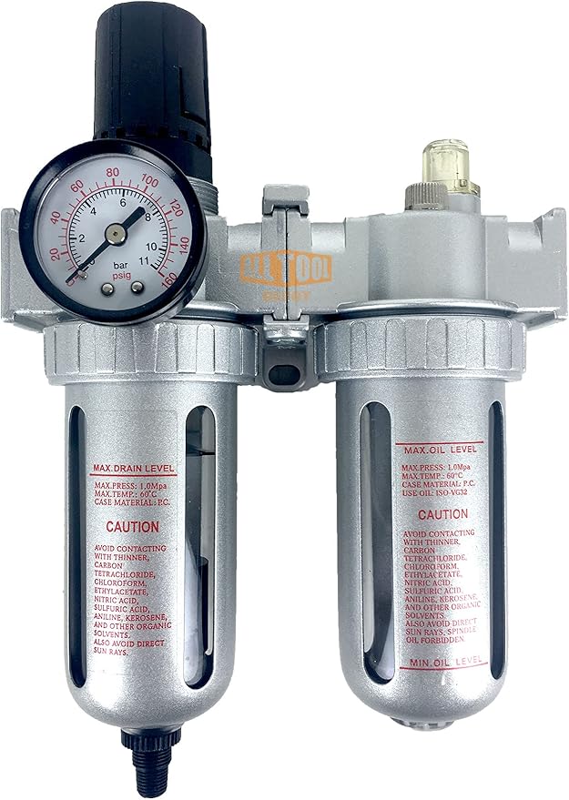 1/2" NPT Mid Flow Compressed Air In Line Filter Regulator Lubricator Oiler Combo Piggyback, Poly Bowl And Metal Body, 5 Micron Element, Adjustable From 7 to 145 PSI (AUTO DRAIN)