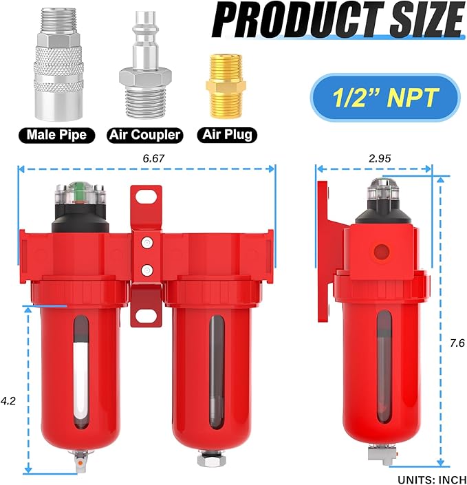 1/2" NPT Aluminium Air Drying System, Coalescing Filter, Desiccant Dryer and Air Regulator, Manual Drain, with 150 PSI Gauge and Valve Shut Off Switch for Plasma Cutter and Paint Spray