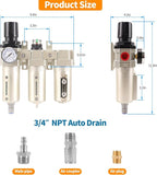 3/4" NPT Industrial Grade 3 Stage Air Compressor Drying System, 0-240 PSI, Particulate & Coalescing Filters, Auto Drain Air Compressor Water Separator System Filter Oil for Paint Spray＆ Plasma Cutter
