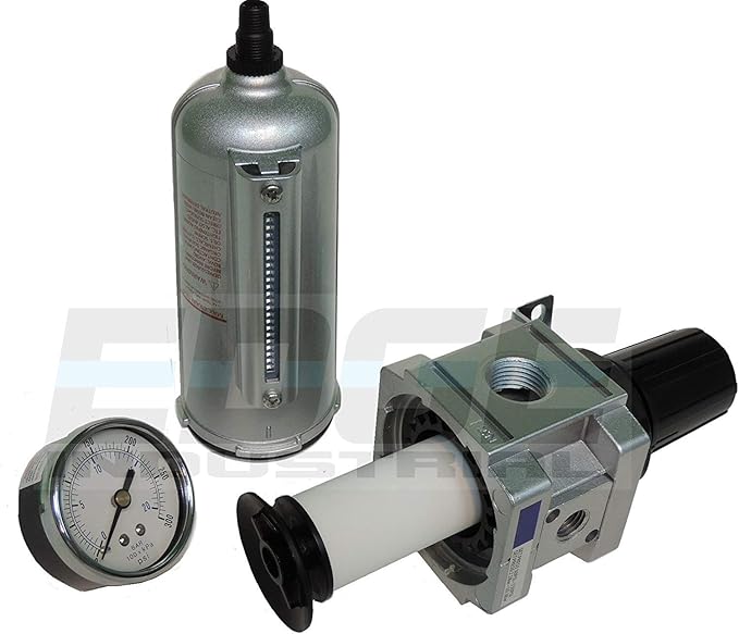 T-H-B CO EDGE INDUSTRIAL Heavy Duty Compressed AIR Filter Regulator Combo Piggyback, Metal Bowl, Visible Sight Glass, 5 Micron Element (1/2" AUTO Drain)