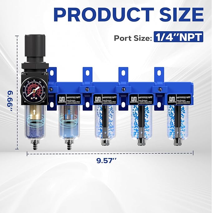 NEWPO 1/4" NPT 5 Stage Air Dryer for Compressor,Brass Filter&Coalescing Filter,Triple Desiccant Dryer and Air Regulator,Air Compressor Water Separator System with Metal Bowl Semi-Auto Drain (Blue)