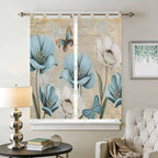 Spring Flowers Bathroom Curtains 63 Inch Length, Window Curtains Tab Top, Vintage Rustic Tulips Floral Butterfly Khaki Light Filtering Window Treatments Drapes 52"x63" 2 Panel