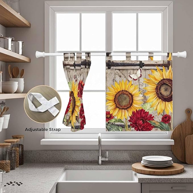 Sunflowers Kitchen Curtains 24 Inch Length, Small Window Curtains Tab Top, Retro Flower Barn Doors Butterfly Farmhouse Brown Light Filtering Short Window Treatments Tier Drapes 27.5"x24" 2 Panel