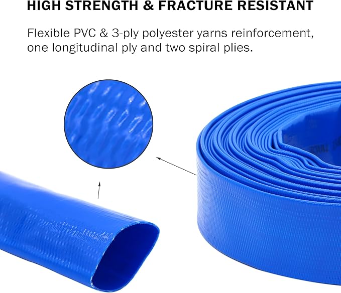 DAVCO 1.5" x 100 ft Pool Backwash Hose, Heavy Duty Reinforced Blue PVC Lay Flat Water Discharge Pump Hoses For Swimming Drain Pools and Clean Filters,with 1 Clamp