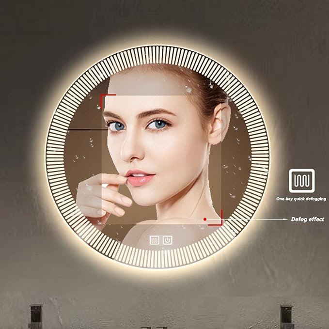 Bathroom Mirror with LED Lights, Wall Mirror with Touch Sensor, Round Mirror with Demister Pad, 3 Light Modes, for Living Room and Bathroom(A,50cm/19.7in)