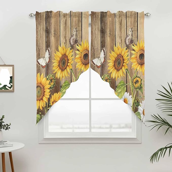 Farmhouse Sunflowers Swag Valances for Windows, Rustic Floral Buttterfly Wood Board Brown Rod Pocket Kitchen Curtains Valance, Small Window Curtains Swag for Cafe Living Room, 2 Panels, 28x36 inch