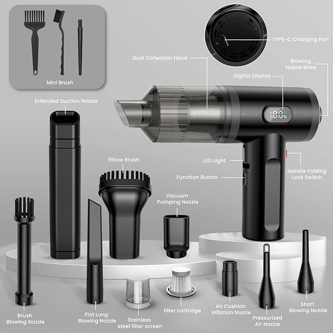 Handheld Vacuums Cleaner Equipped with Digital Display Portable Air Blower Car Vacuum 11000PA High Power Foldable 2in1 Brushless Motor Cordless Duster
