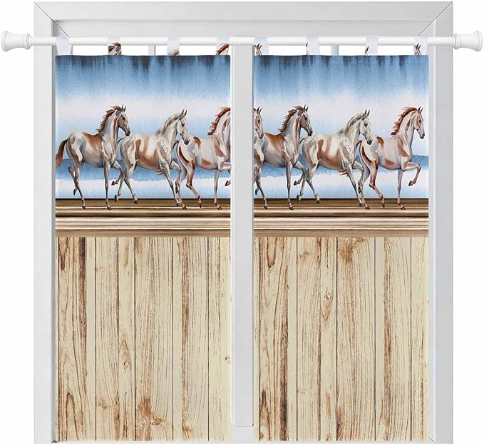 Western Horse Bathroom Curtains 63 Inch Length, Window Curtains Tab Top, Farmhouse Wooden Grain Vintage Cowboy Barn Door Light Filtering Window Treatments Drapes 52"x63" 2 Panel