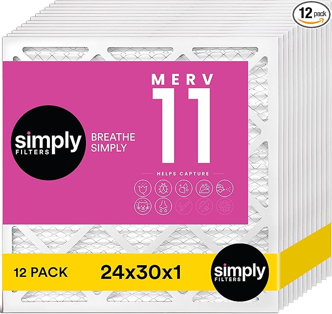 Simply 24x30x1 Air Filter, MERV 11, 12 Pack, For Home AC Furnace & HVAC (Actual Size: 23.75"x29.75"x0.75") DUST, Pet, & Allergy Control