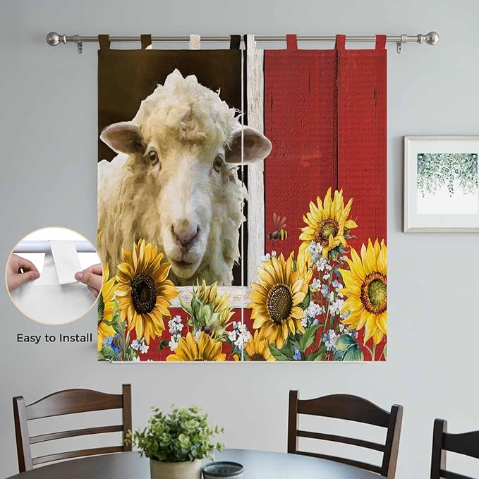Sheep Flowers Bathroom Curtains 63 Inch Length, Window Curtains Tab Top, Country Red Barn Botanical Sunflowers Light Filtering Window Treatments Drapes 52"x63" 2 Panel