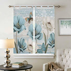 Spring Floral Living Room Curtains 84 Inch Length, Window Curtains Tab Top, Vintage Tulips Flower Butterfly Retro Wood Blue Light Filtering Window Treatments Drapes 42"x84" 2 Panel