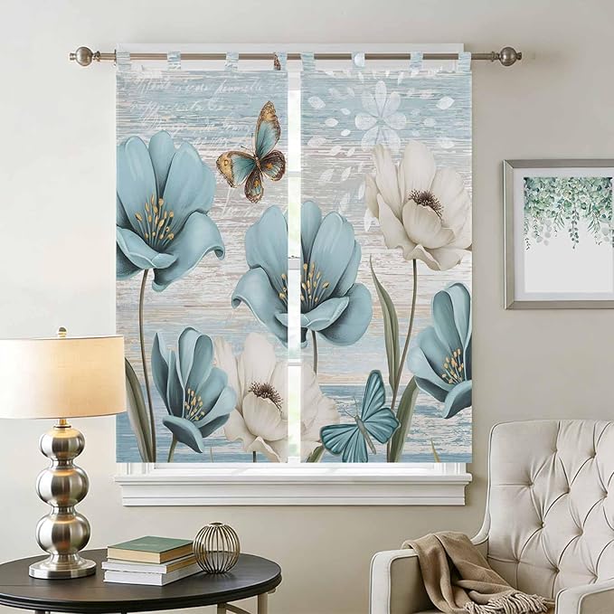 Spring Floral Bedroom Curtains 72 Inch Length, Window Curtains Tab Top, Vintage Tulips Flower Butterfly Retro Wood Blue Light Filtering Window Treatments Drapes 52"x72" 2 Panel