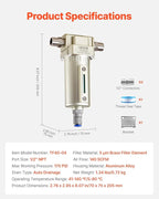 VEVOR Air Compressor Filter, 1/2" NPT Air-Dryer for Compressor with 5μm Brass Filter Element, Auto-Drain Air Compressor Water Separator 175 PSI Max Working Pressure, Aluminum Alloy Bowl