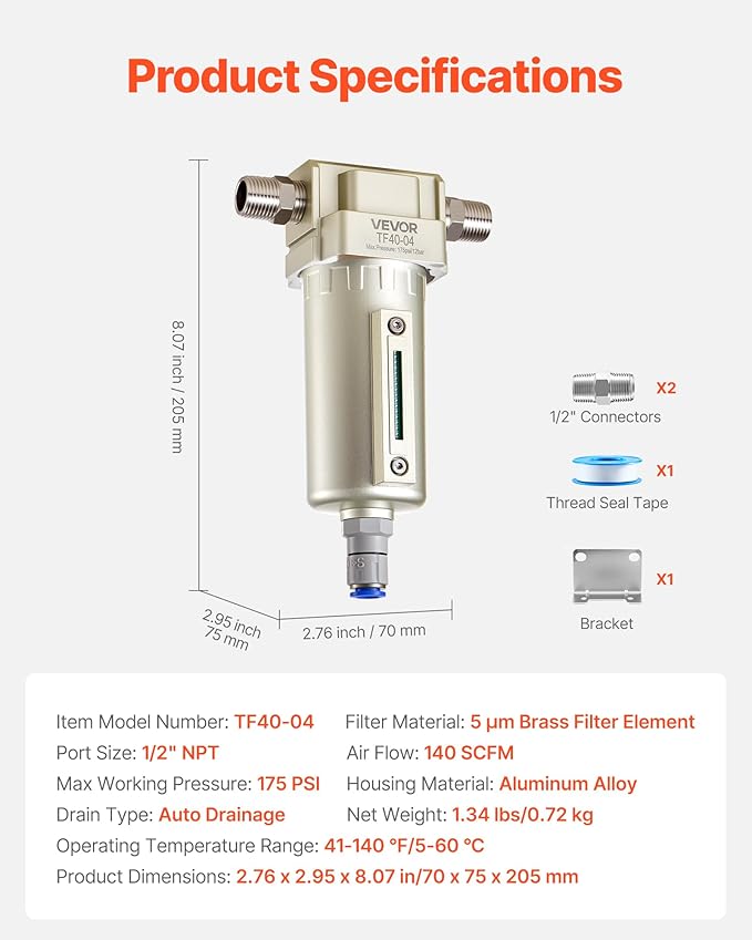 VEVOR Air Compressor Filter, 1/2" NPT Air-Dryer for Compressor with 5μm Brass Filter Element, Auto-Drain Air Compressor Water Separator 175 PSI Max Working Pressure, Aluminum Alloy Bowl