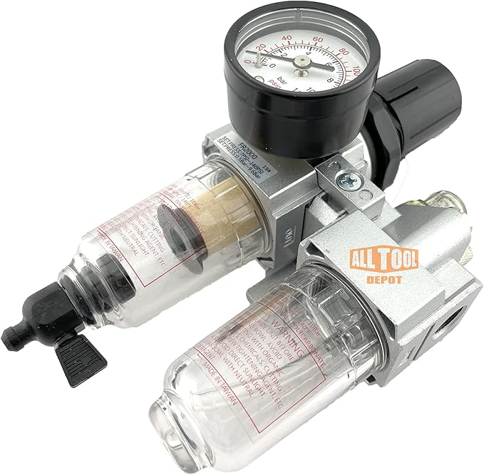 1/4" NPT Mini Compressed Air In Line Filter Regulator Lubricator Oiler Combo Piggyback, Poly Bowl And Metal Body, 5 Micron Element, Adjustable From 7 to 140 PSI (MANUAL DRAIN)