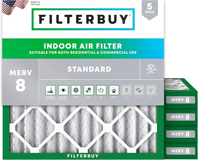 Filterbuy 12x12x2 Air Filter MERV 8 Essential Dust & Allergy Defense (5-Pack), Electrostatic Pleated HVAC AC Furnace Filters Replacement, Made in USA (Actual Size: 11.50 x 11.50 x 1.75)