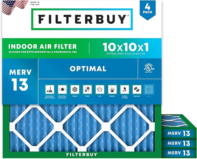Filterbuy 10x10x1 Air Filter MERV 13 Optimal Smoke & Allergy Defense (4-Pack), Electrostatic Pleated HVAC AC Furnace Filters Replacement, Made in USA (Actual Size: 9.50 x 9.50 x 0.75)