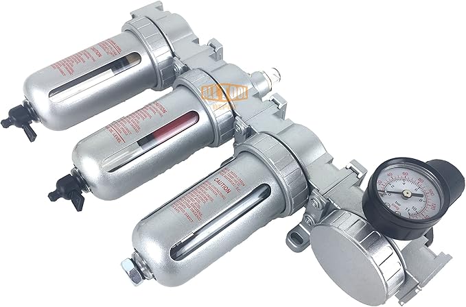 3/8" NPT MID FLOW 4 Stages Filter Coalescing Desiccant Dryer Regulator System For Compressed Air Lines, Poly Bowls, Great For Paint Spray And Plasma Cutter (MANUAL DRAIN)