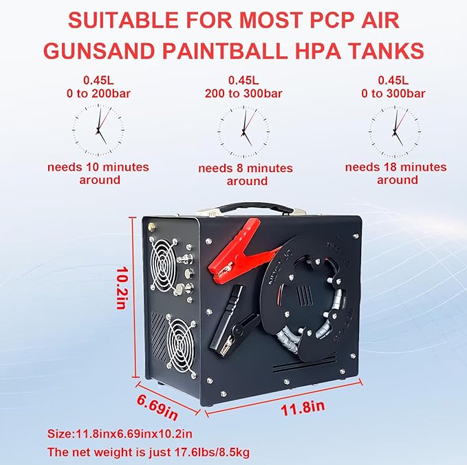 Pcp Air Compressor,Built-in Converter/Water-Oil Filter,Auto Stop,Oil/Water Free,Unique Vertical+Wire Spool Portable Design,Powered by Car 12V DC or Home 110V AC for Paintball/Scuba Tank